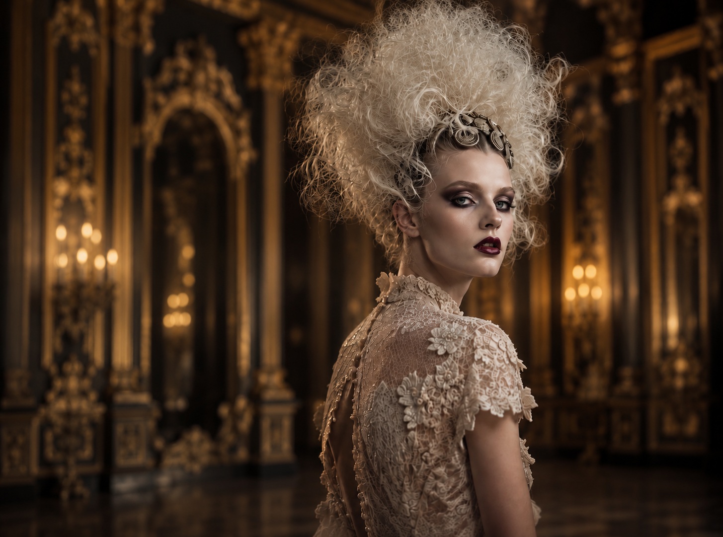 Editorial portrait in a softly focused gilded salon