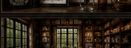 A warmly lit library room