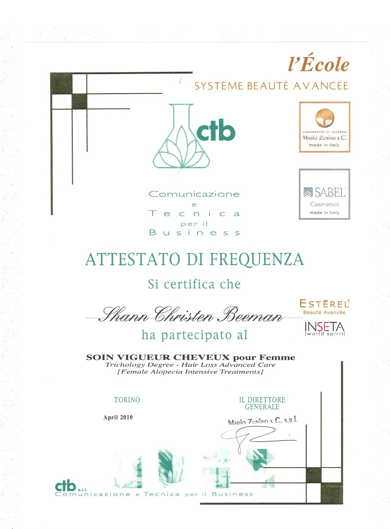 Attestato di Frequenza - Female Alopecia Intensive Treatments