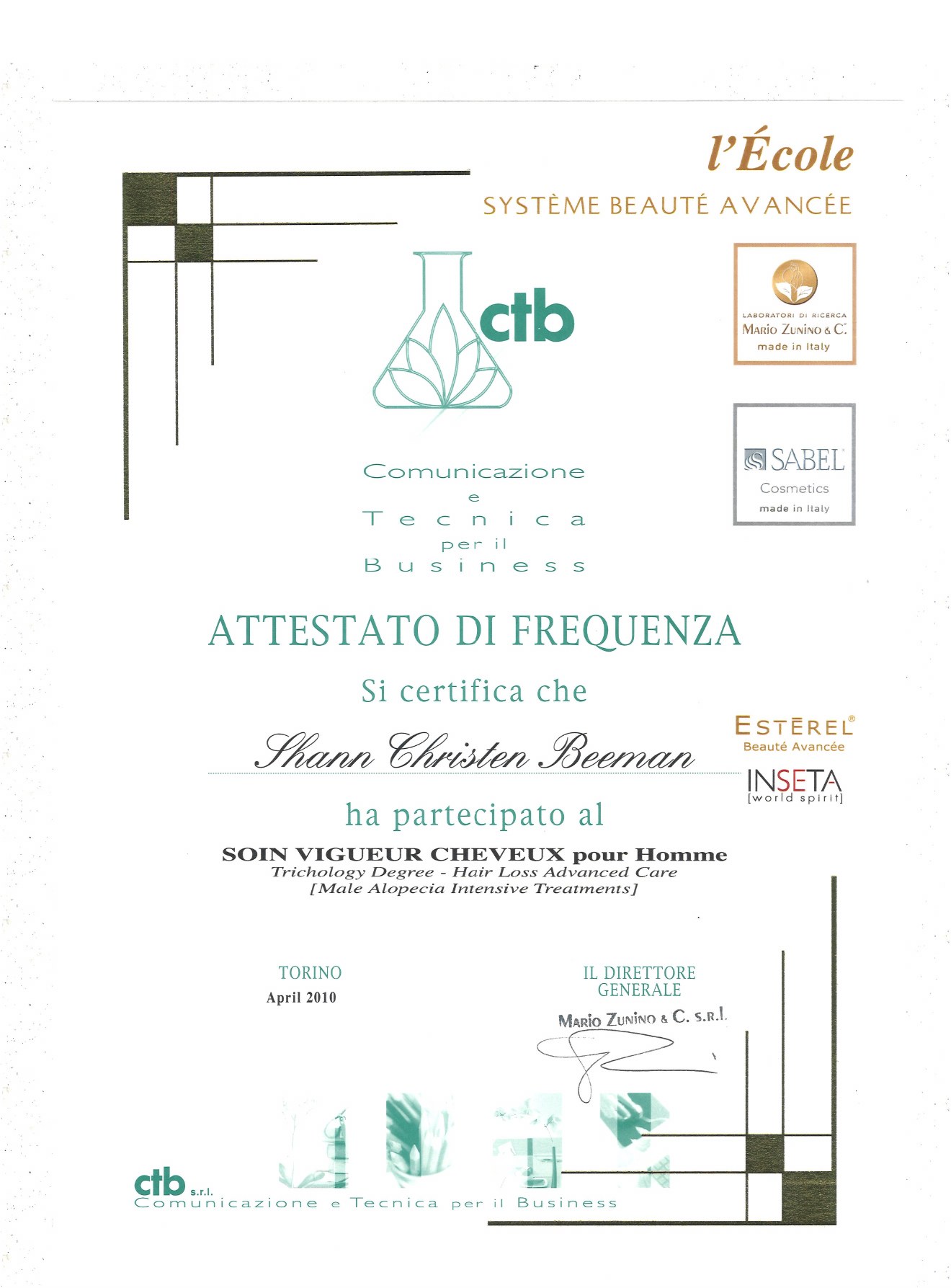 Attestato di Frequenza - Male Alopecia Intensive Treatments