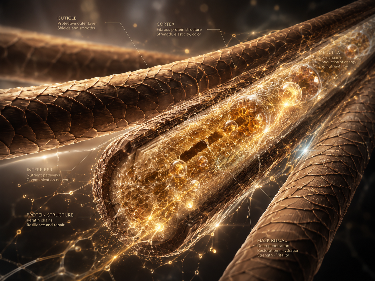 Editorial visualization of the cuticle, cortex and internal structure of existing hair fiber