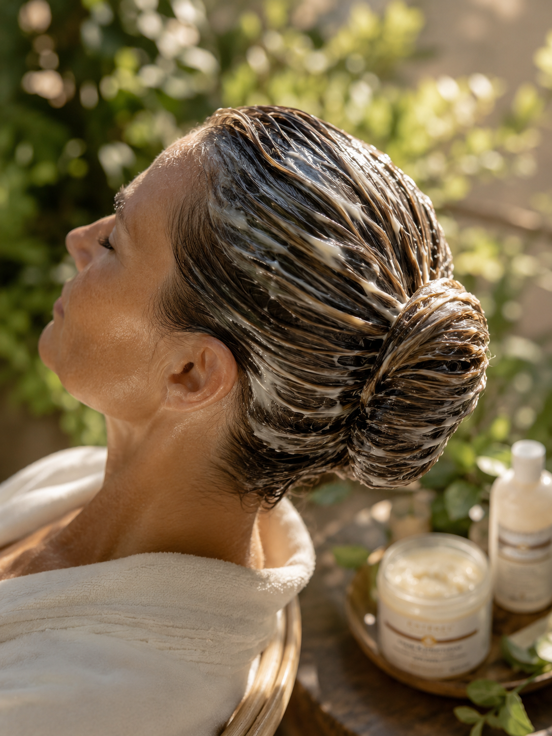 Guest receiving a restorative mask treatment on the existing hair fiber